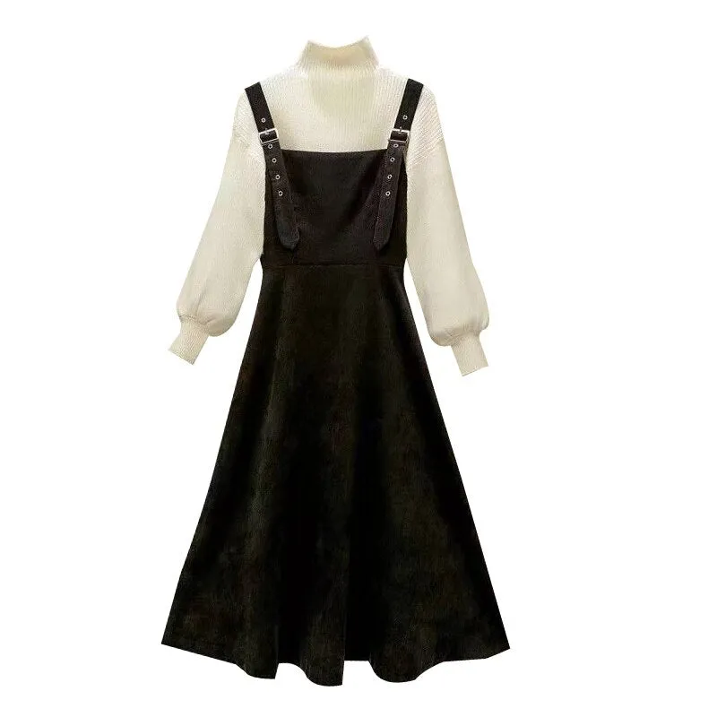 Top and Corduroy Black Strap Dress Two-piece Outfits Mid-calf