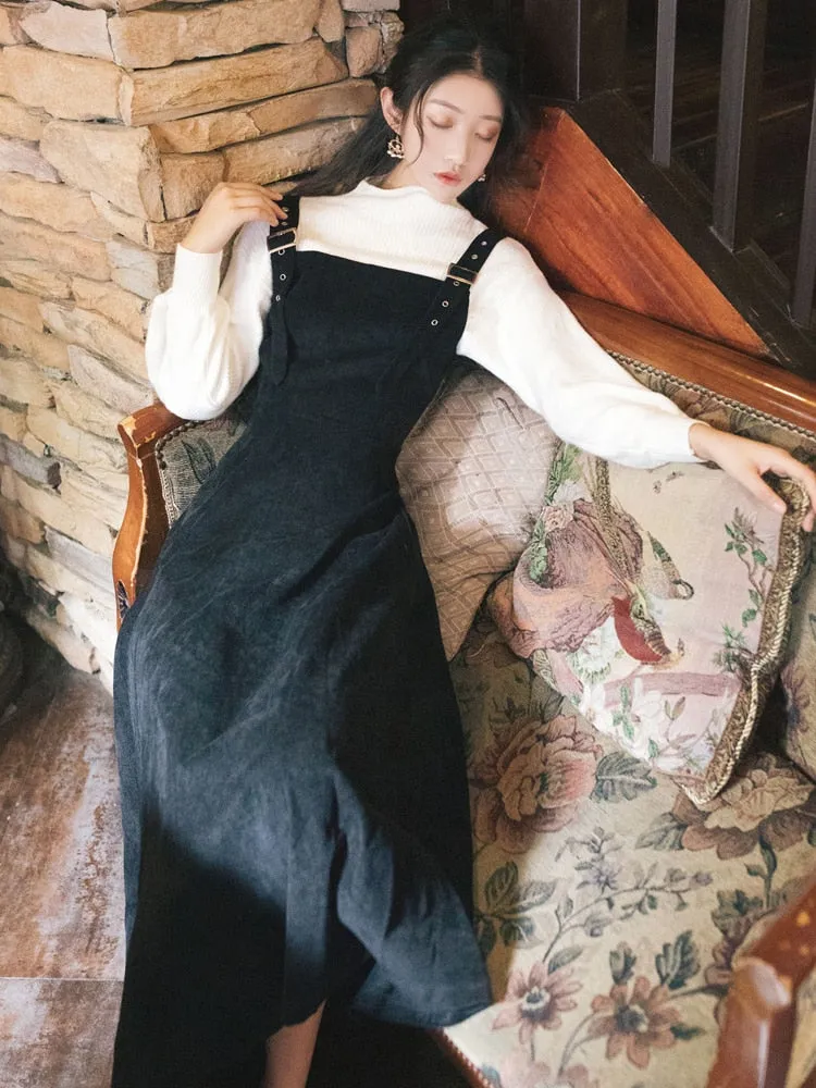 Top and Corduroy Black Strap Dress Two-piece Outfits Mid-calf
