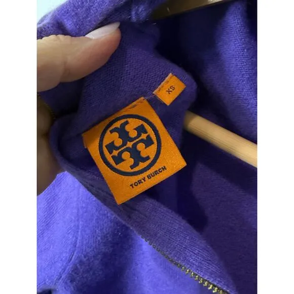 Tory Burch 100% Cashmere Sweater Women XS Purple Zipper Detail Quiet Luxury