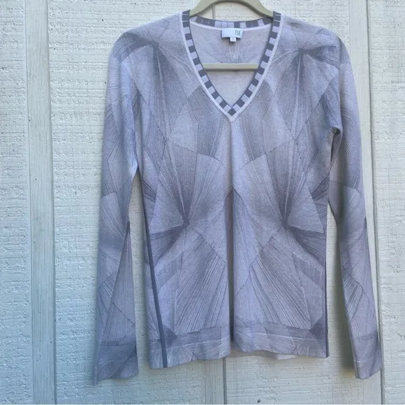 TSE 100% Pure Cashmere Cream Grey Abstract V-neck Long Sleeve Sweater Size Small