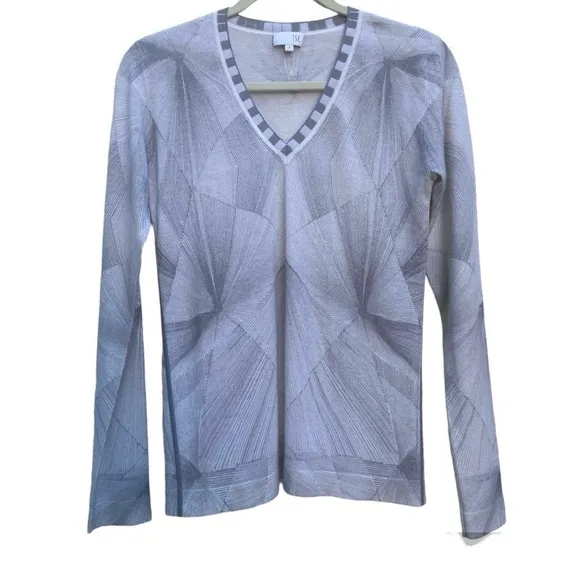 TSE 100% Pure Cashmere Cream Grey Abstract V-neck Long Sleeve Sweater Size Small