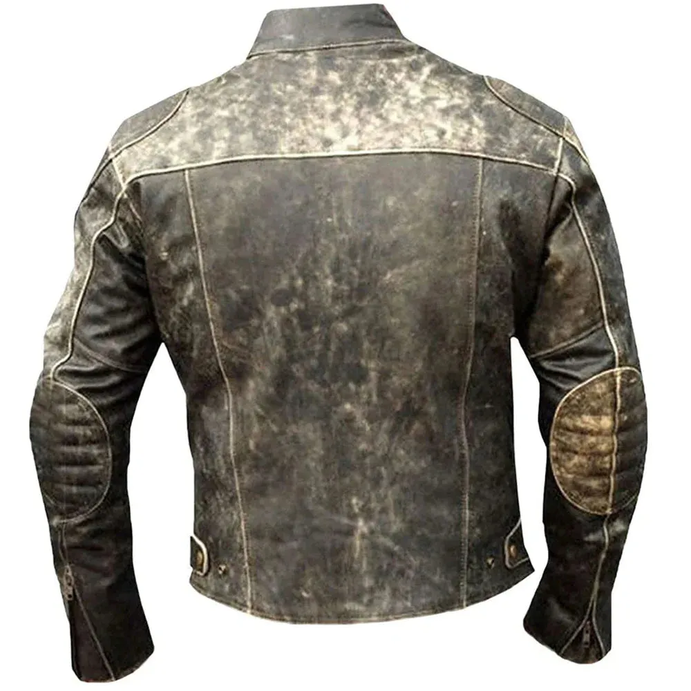 Vintage Retro Cafe Racer Moto Distressed Black Leather Jacket Mens