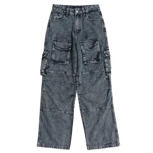 Vintage Wash Wide-Leg Cargo Denim Jeans