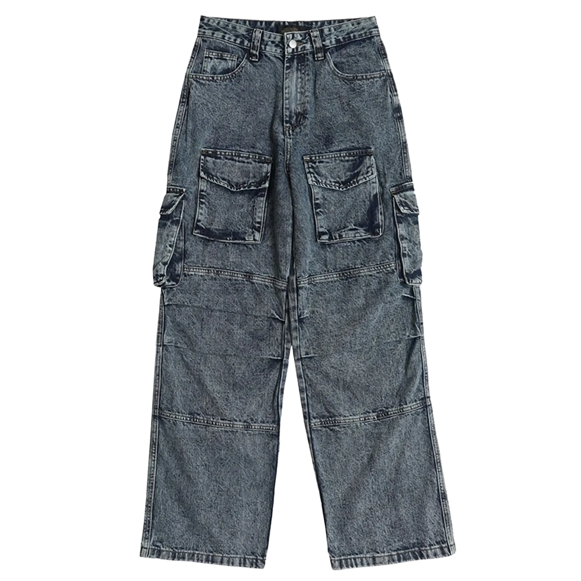 Vintage Wash Wide-Leg Cargo Denim Jeans