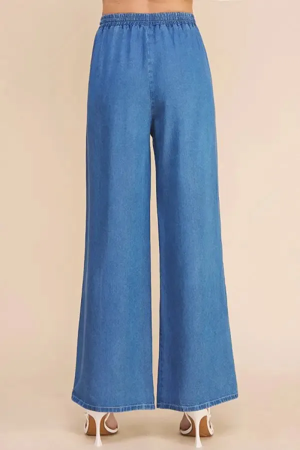 WASHED CHAMBRAY DENIM TIE-WAIST WIDE LEG PANTS WITH POCKETS