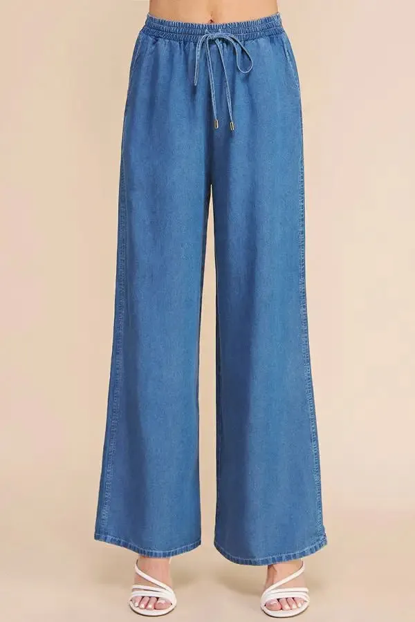 WASHED CHAMBRAY DENIM TIE-WAIST WIDE LEG PANTS WITH POCKETS