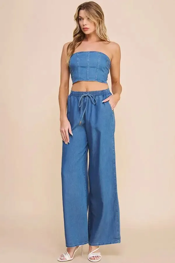 WASHED CHAMBRAY DENIM TIE-WAIST WIDE LEG PANTS WITH POCKETS