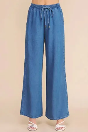 WASHED CHAMBRAY DENIM TIE-WAIST WIDE LEG PANTS WITH POCKETS