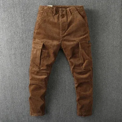 Washed Retro Heavyweight Corduroy Cargo Pants - Men's Fashion Loose Casual Straight Trousers with Multi-Pockets