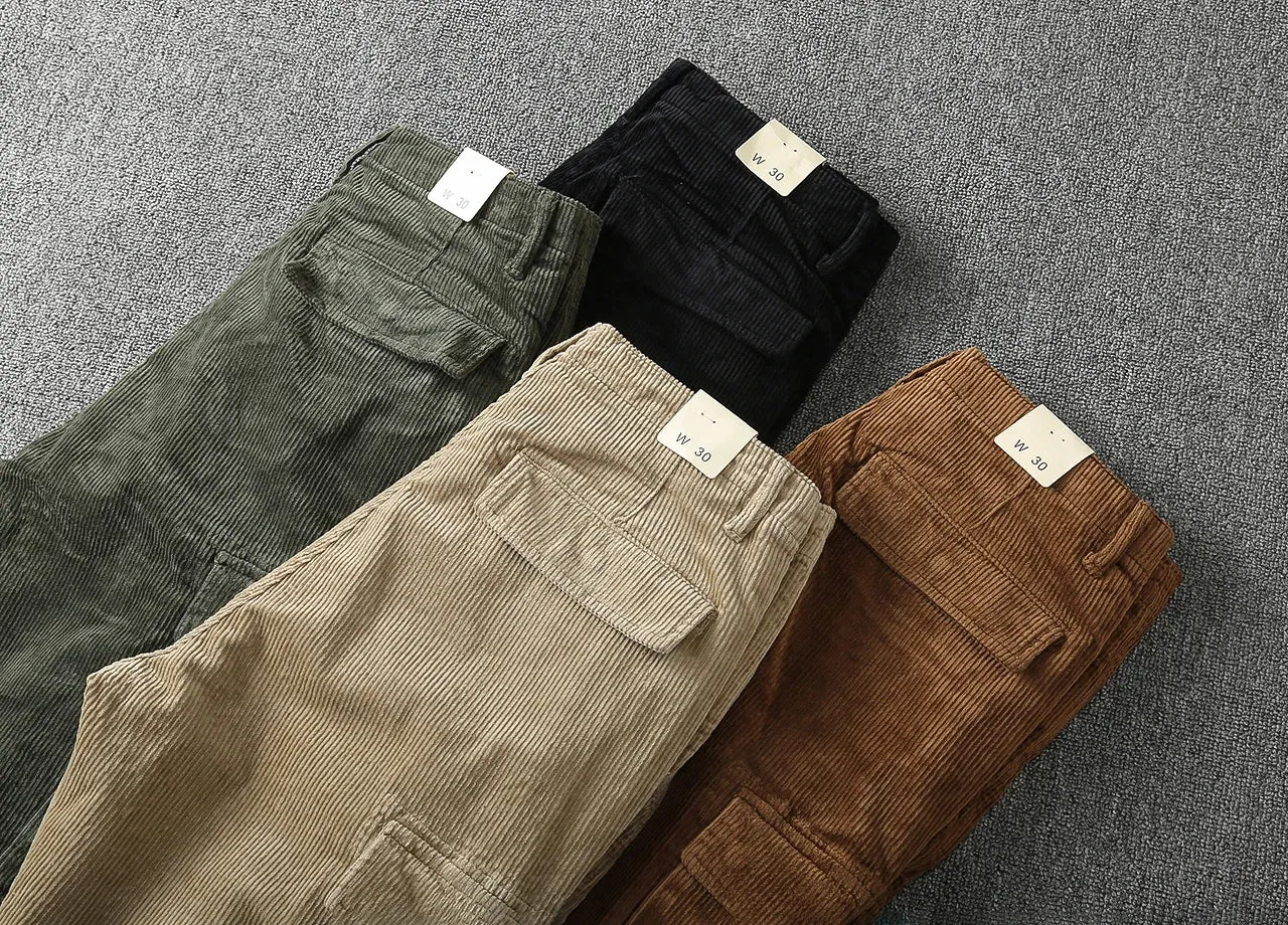 Washed Retro Heavyweight Corduroy Cargo Pants - Men's Fashion Loose Casual Straight Trousers with Multi-Pockets