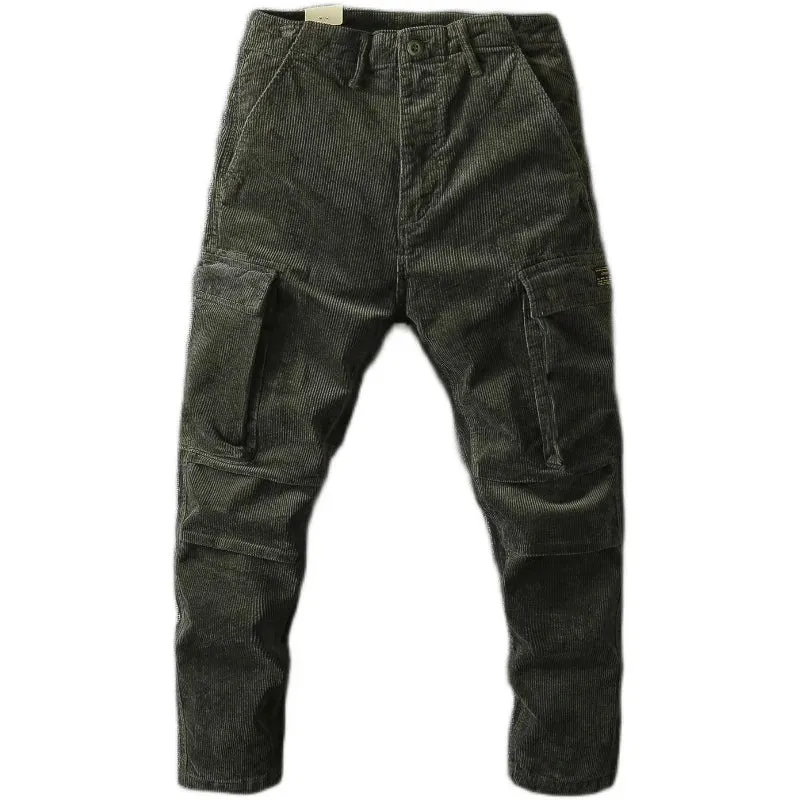 Washed Retro Heavyweight Corduroy Cargo Pants - Men's Fashion Loose Casual Straight Trousers with Multi-Pockets