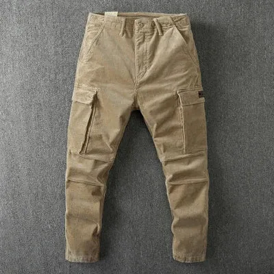 Washed Retro Heavyweight Corduroy Cargo Pants - Men's Fashion Loose Casual Straight Trousers with Multi-Pockets