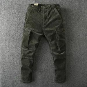 Washed Retro Heavyweight Corduroy Cargo Pants - Men's Fashion Loose Casual Straight Trousers with Multi-Pockets