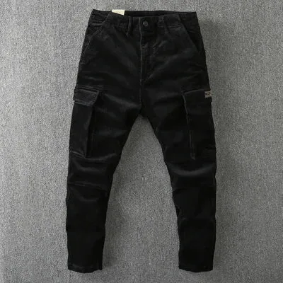 Washed Retro Heavyweight Corduroy Cargo Pants - Men's Fashion Loose Casual Straight Trousers with Multi-Pockets