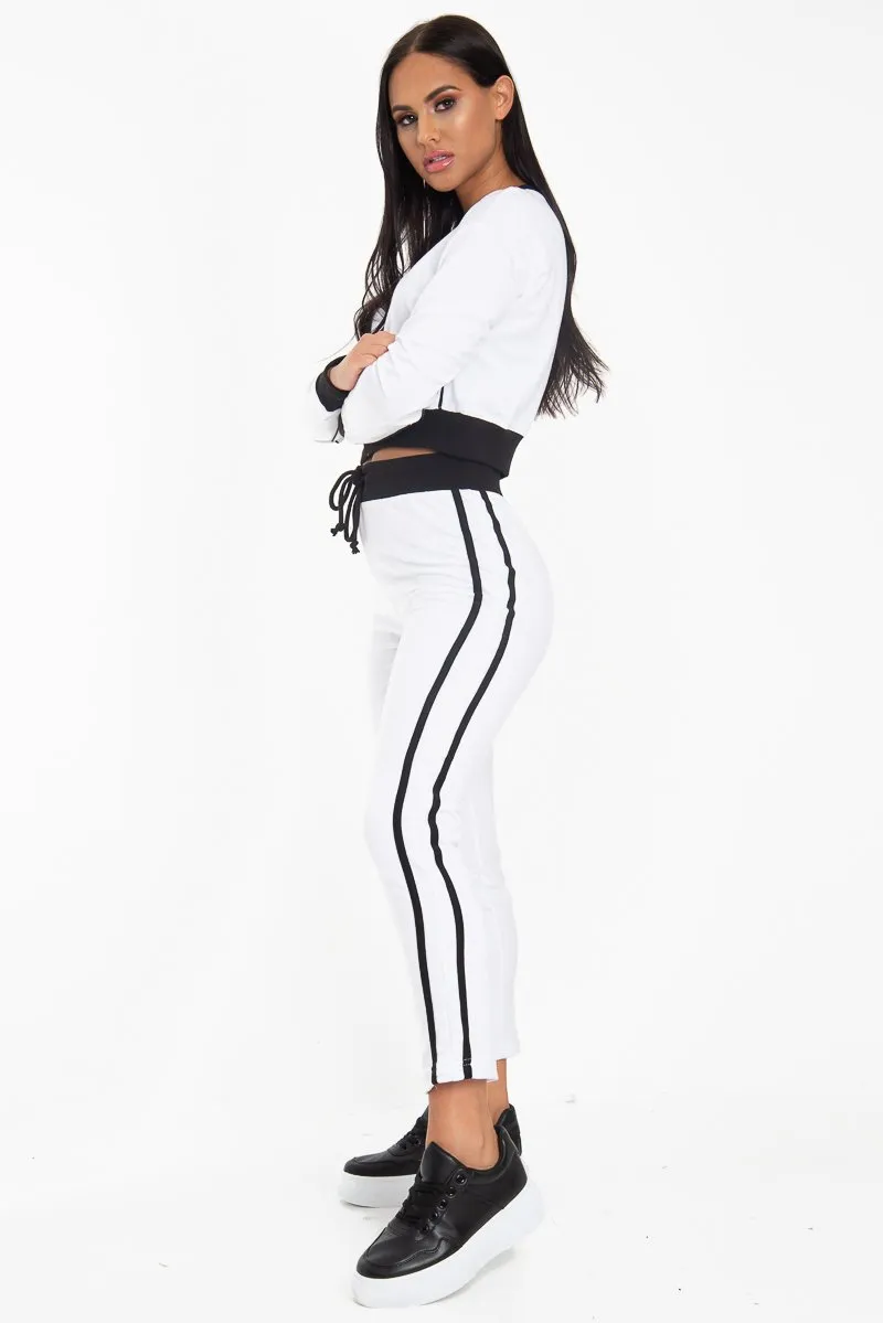 White and Black Side Stripe Sweatshirt and Jogger Set - Miliany