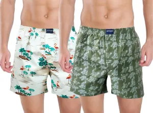 White Beach & Olive Printed Cotton Boxers For Men