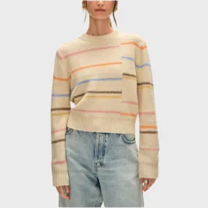 White   Warren - Cashmere Broken Stripe Crew - Natural Multi