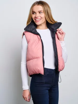 WOMEN'S SLEEVELESS ZIP UP FRONT POCKETS PUFFER REVERSIBLE VEST