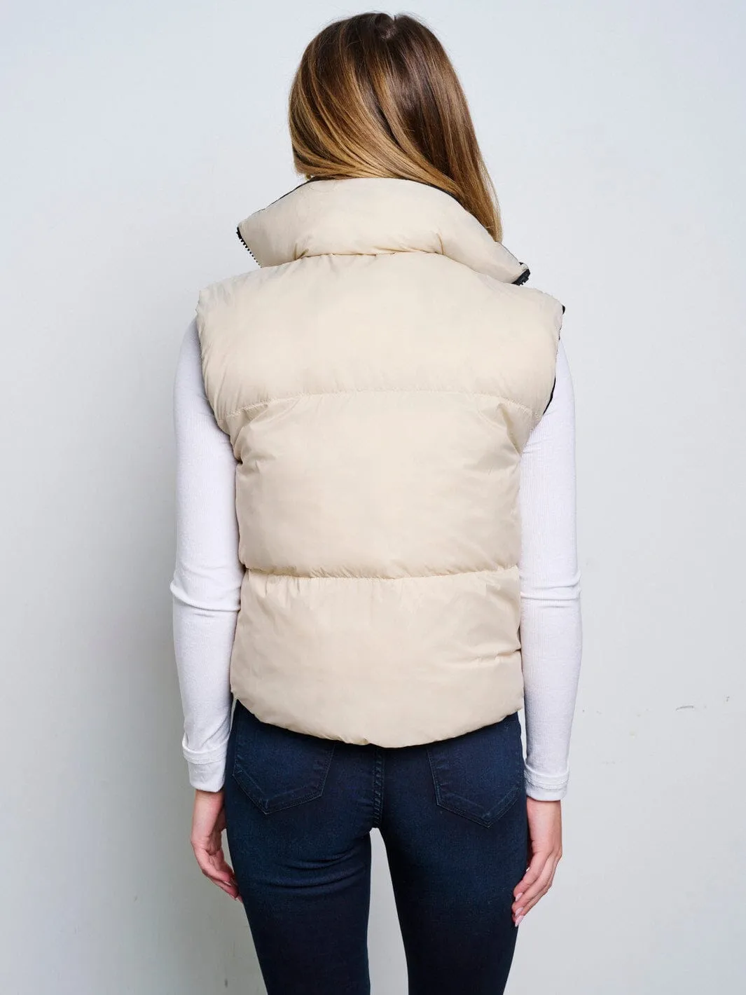 WOMEN'S SLEEVELESS ZIP UP FRONT POCKETS PUFFER REVERSIBLE VEST