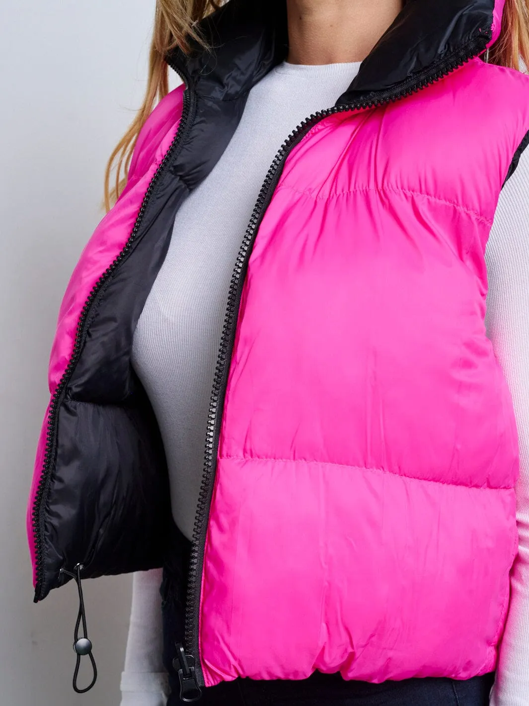 WOMEN'S SLEEVELESS ZIP UP FRONT POCKETS PUFFER REVERSIBLE VEST