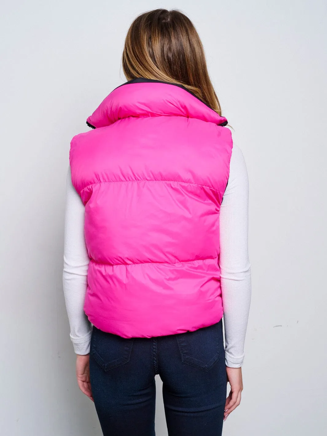 WOMEN'S SLEEVELESS ZIP UP FRONT POCKETS PUFFER REVERSIBLE VEST