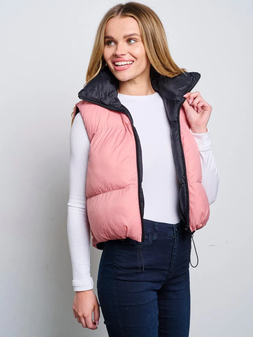 WOMEN'S SLEEVELESS ZIP UP FRONT POCKETS PUFFER REVERSIBLE VEST