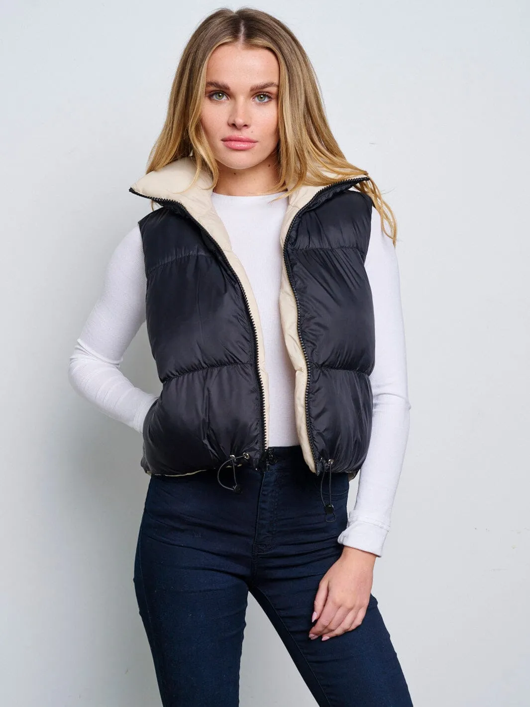 WOMEN'S SLEEVELESS ZIP UP FRONT POCKETS PUFFER REVERSIBLE VEST
