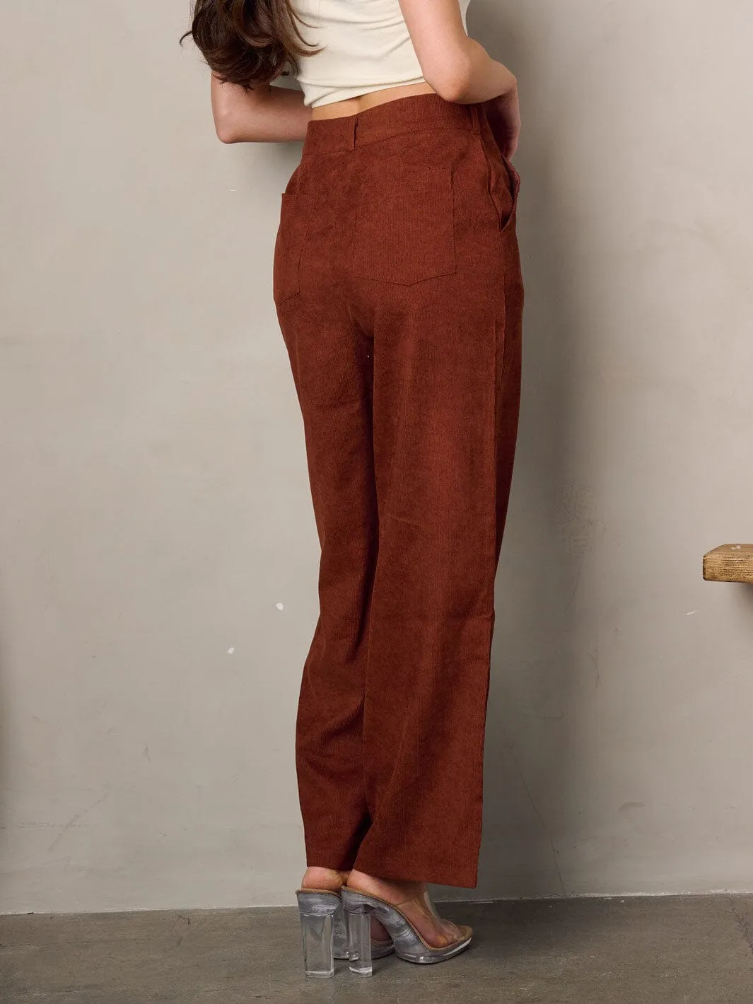 WOMEN'S WIDE LEG POCKETS CORDUROY PANTS