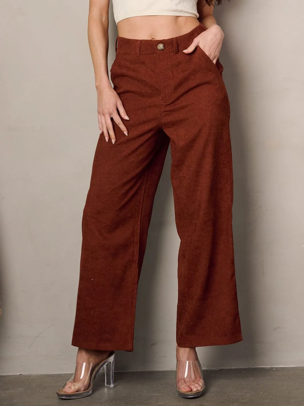 WOMEN'S WIDE LEG POCKETS CORDUROY PANTS