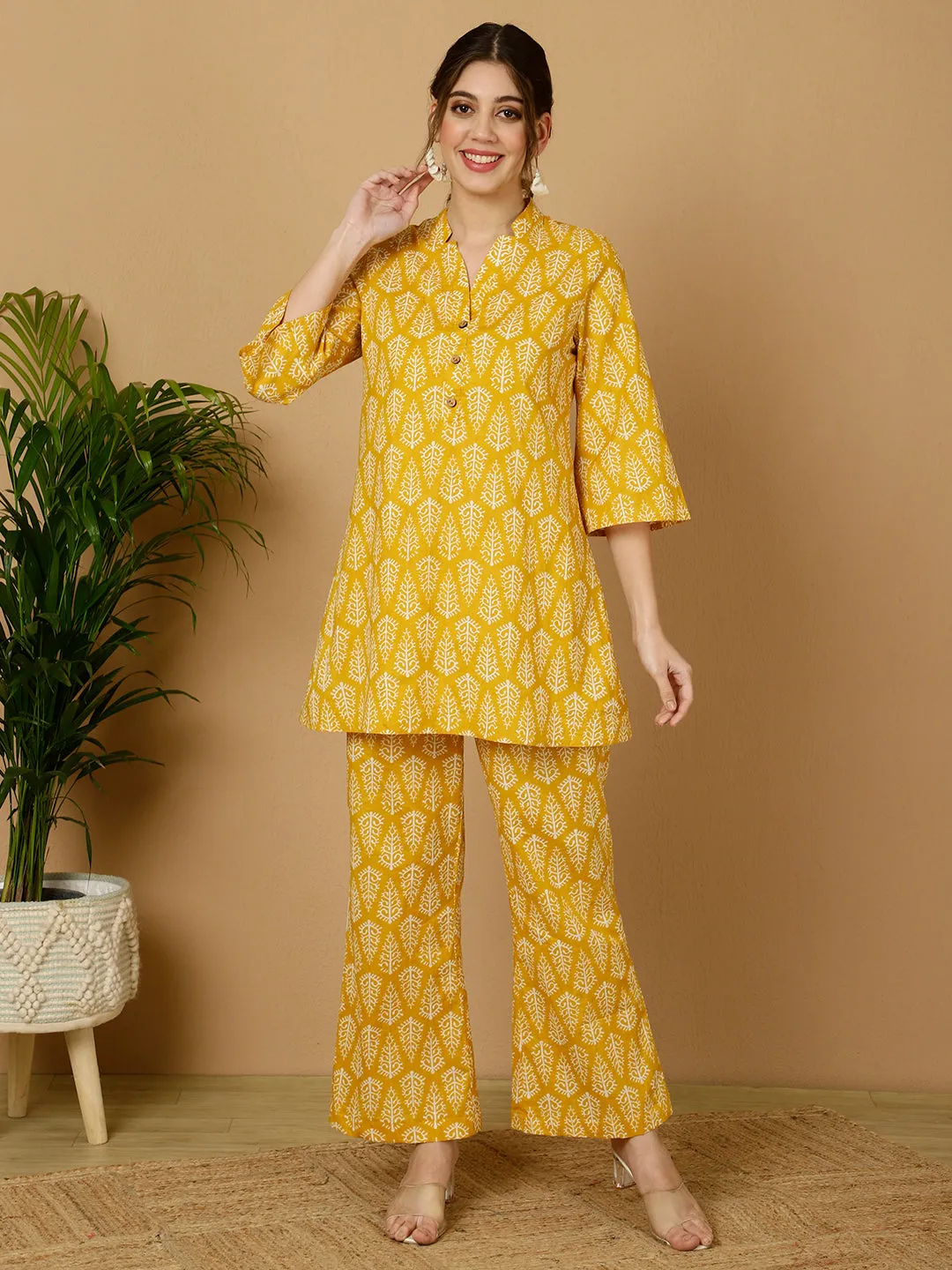 Yellow Ethnic Printed Kurta With Palazzo Loungewear