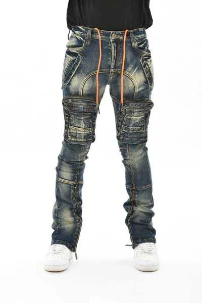 Zip cargo denim pants / flared fit