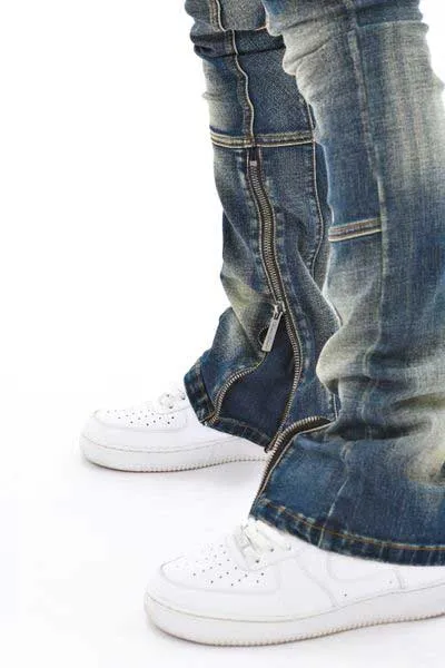 Zip cargo denim pants / flared fit