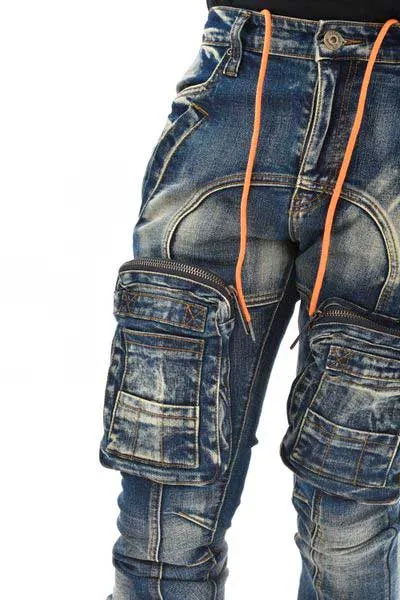 Zip cargo denim pants / flared fit