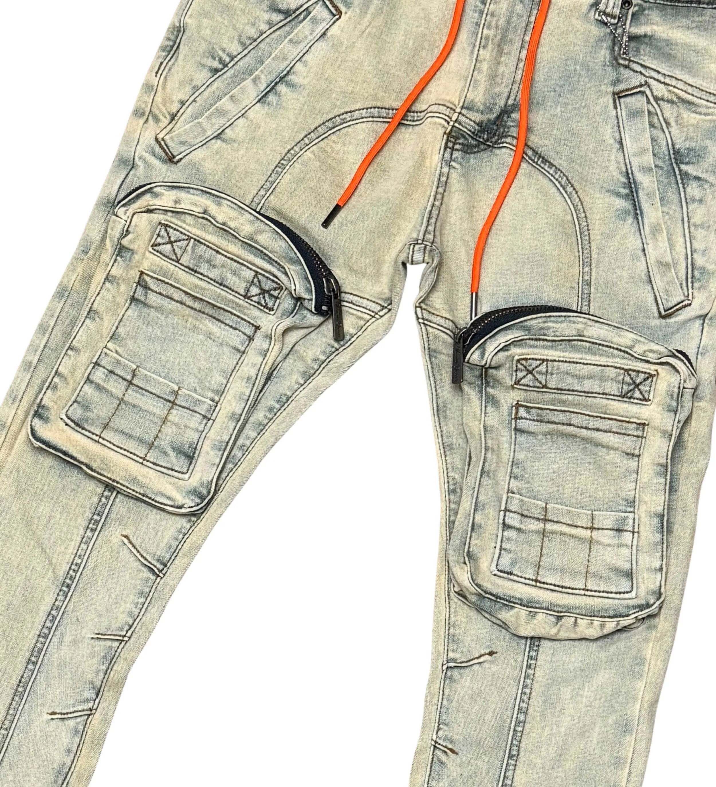 Zip cargo denim pants / flared fit
