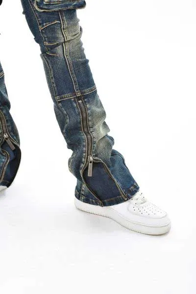 Zip cargo denim pants / flared fit