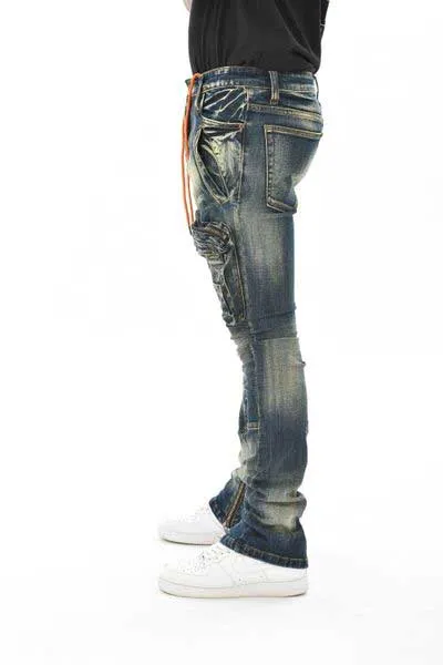 Zip cargo denim pants / flared fit