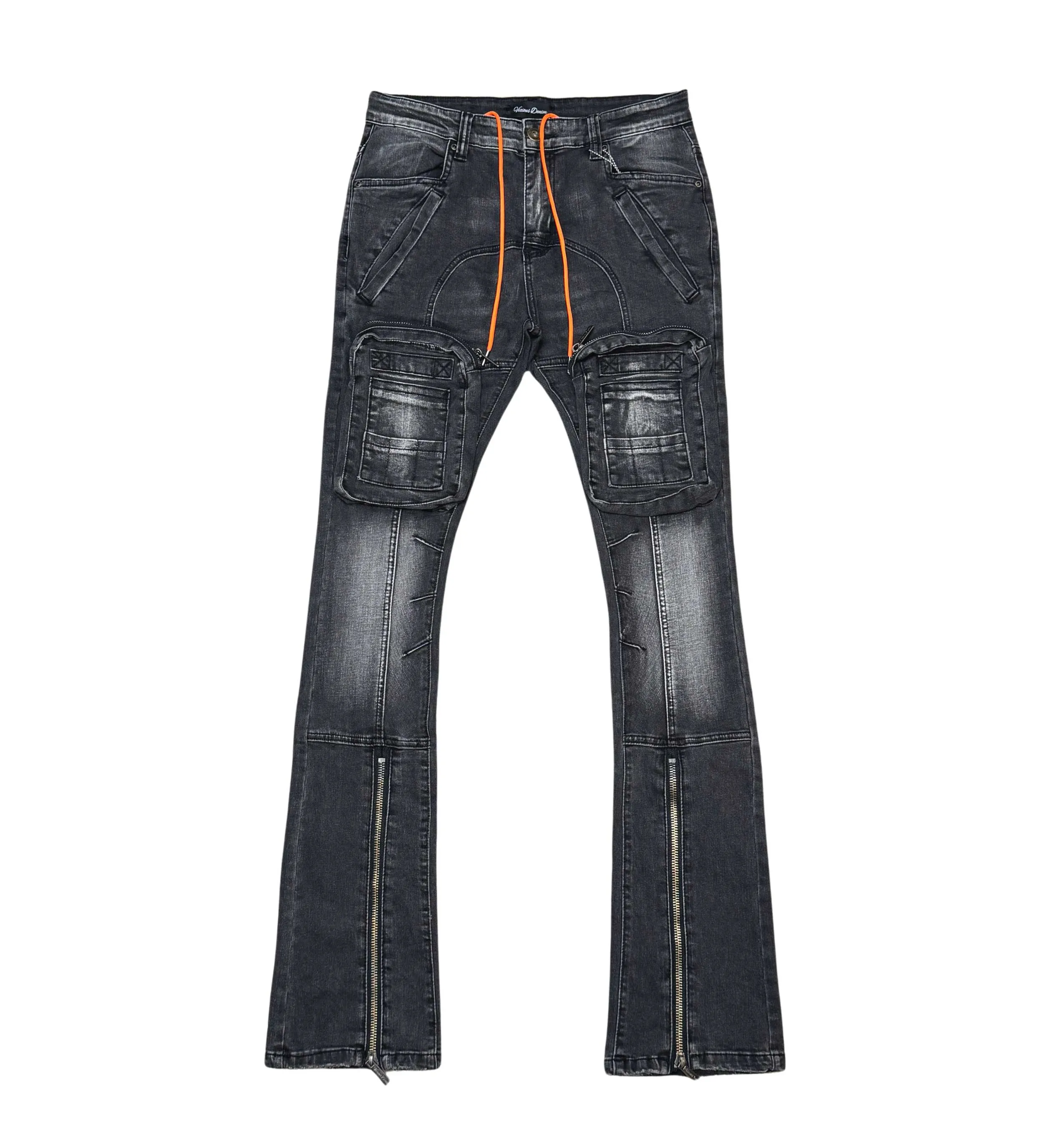 Zip cargo denim pants / flared fit