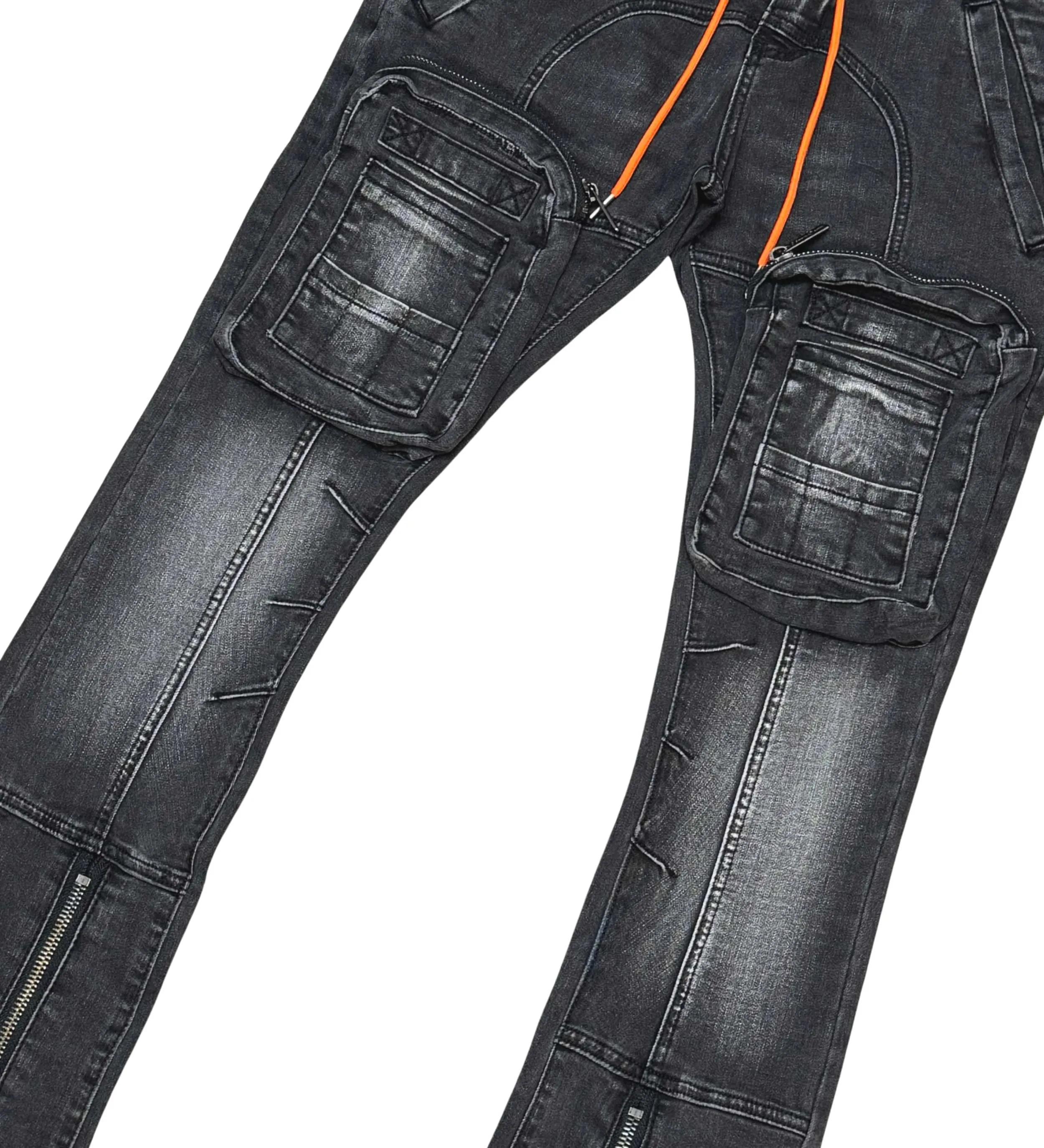 Zip cargo denim pants / flared fit